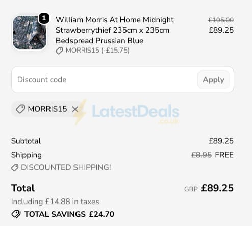 Screenshot of the Terry's Fabrics discount code working