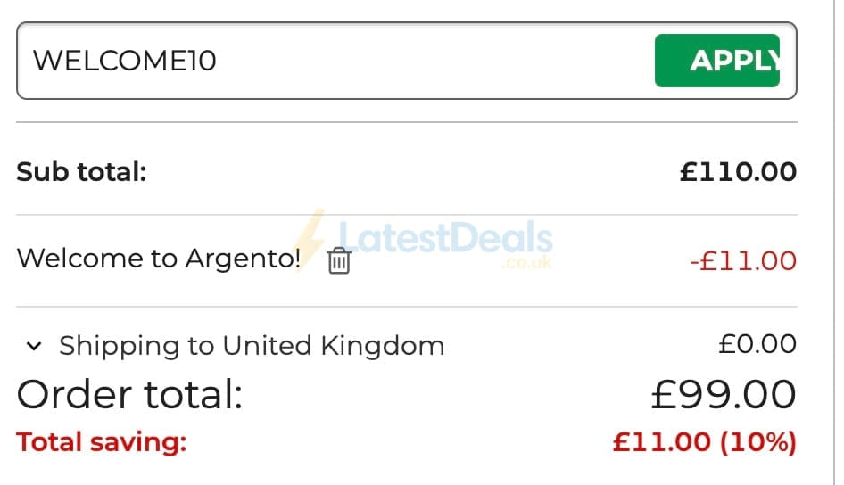 Screenshot of the Argento discount code working
