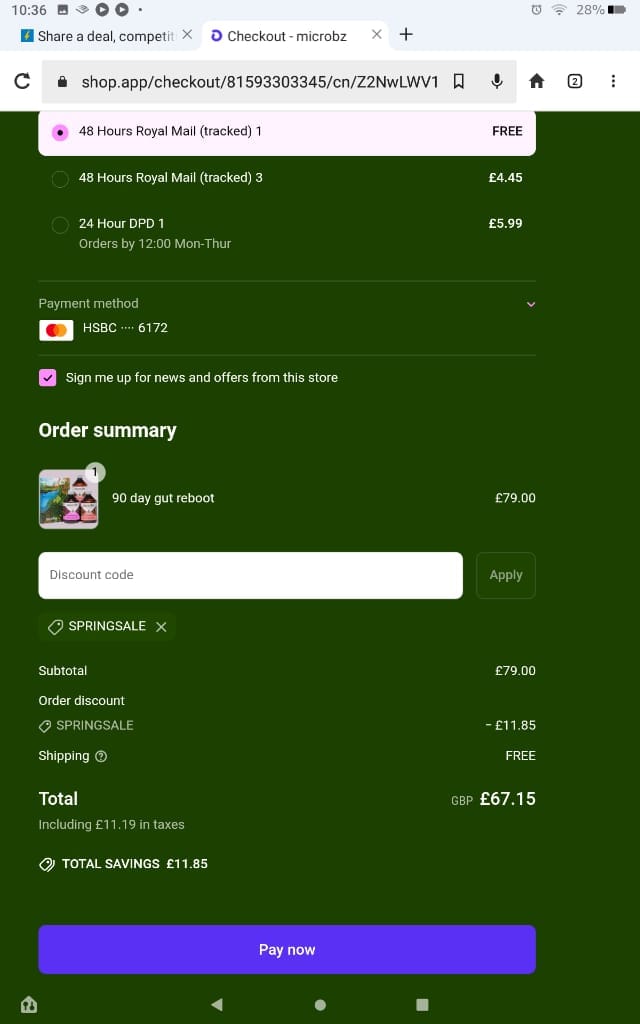 Screenshot of the Microbz discount code working