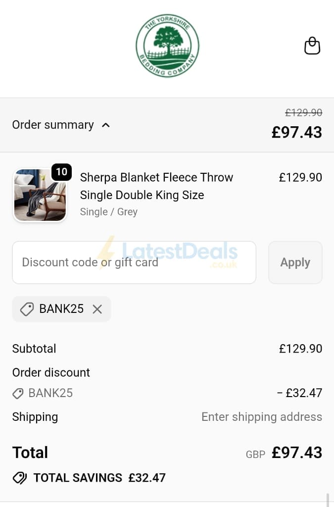 Screenshot of the Yorkshire Bedding discount code working