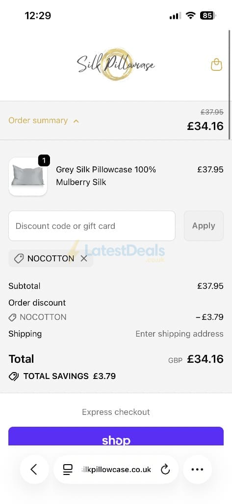 Screenshot of the Silk Pillowcase discount code working