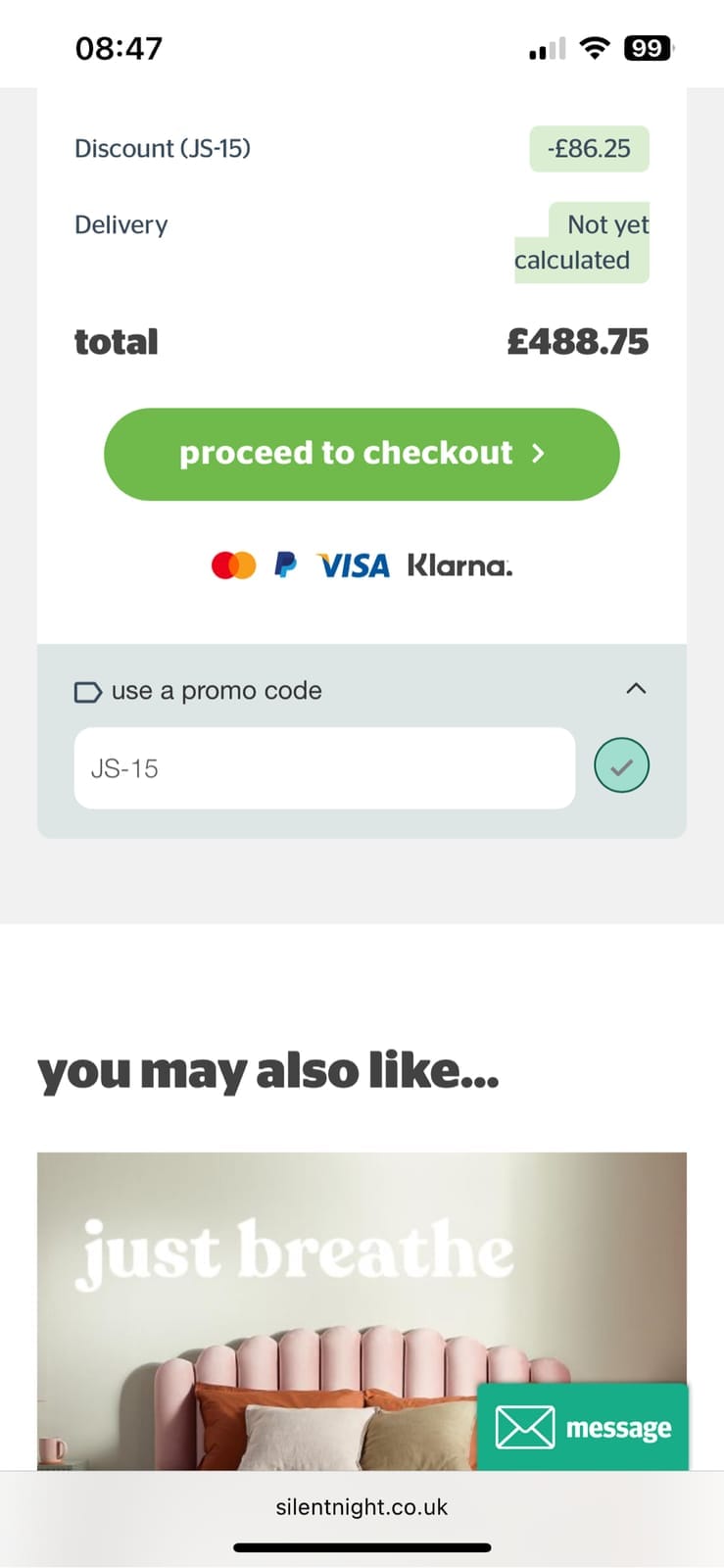 Screenshot of the Silentnight discount code working