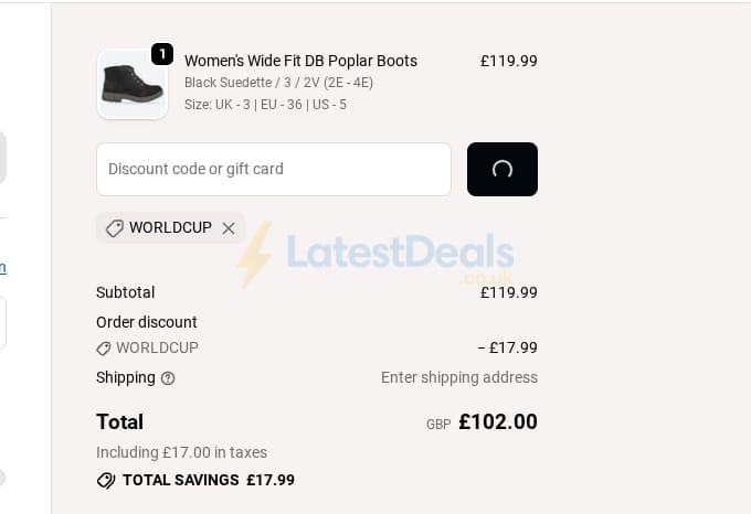 Screenshot of the Wide Fit Shoes discount code working