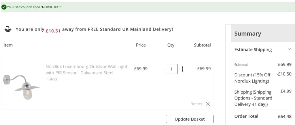 Screenshot of the Lighting Direct discount code working