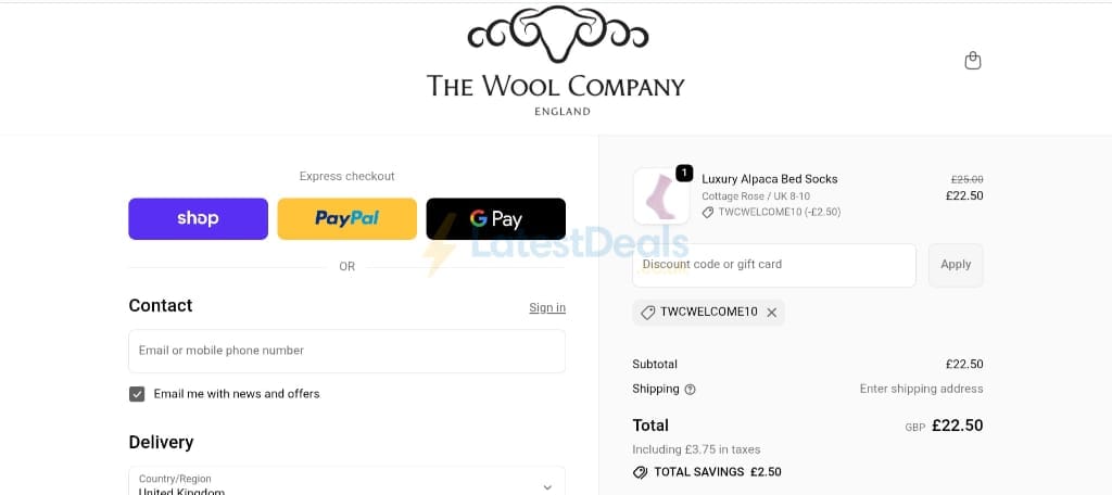 Screenshot of the The Wool Company discount code working