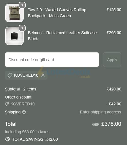 Screenshot of the KOVERED discount code working