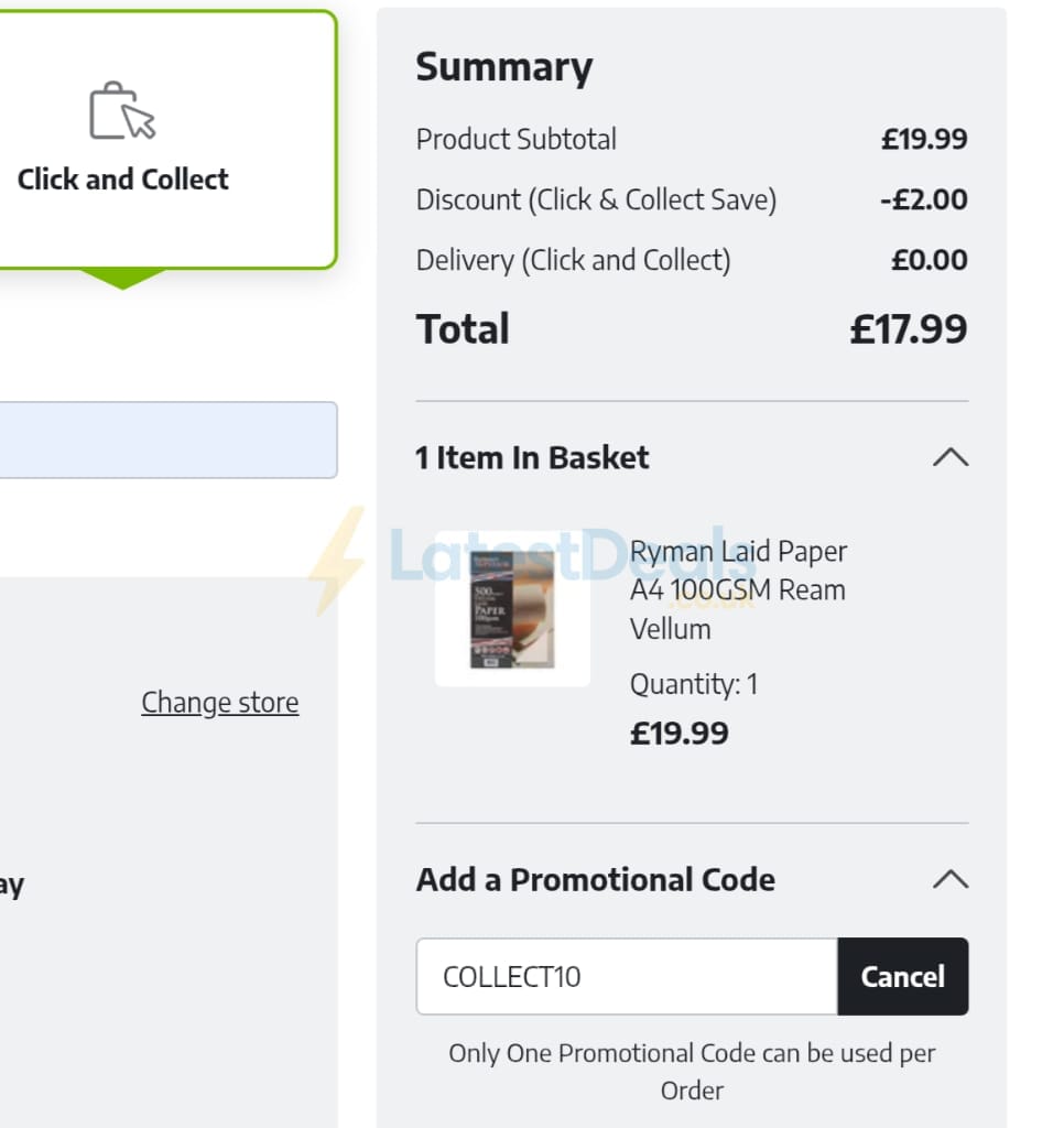 Screenshot of the Ryman discount code working