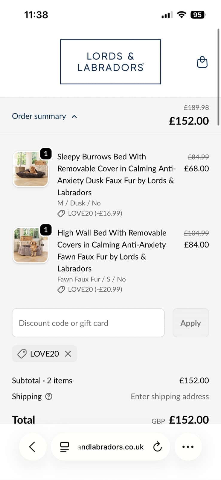 Screenshot of the Lords & Labradors discount code working