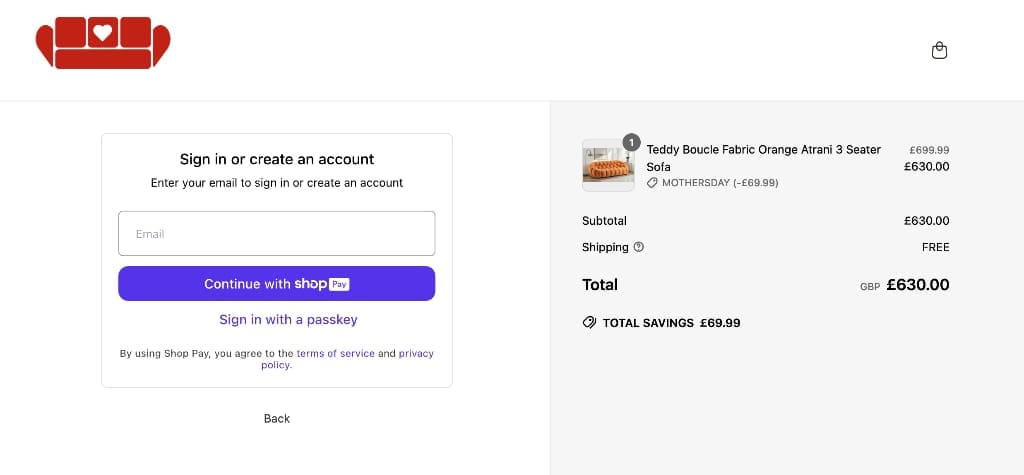 Screenshot of the Lovesofas discount code working