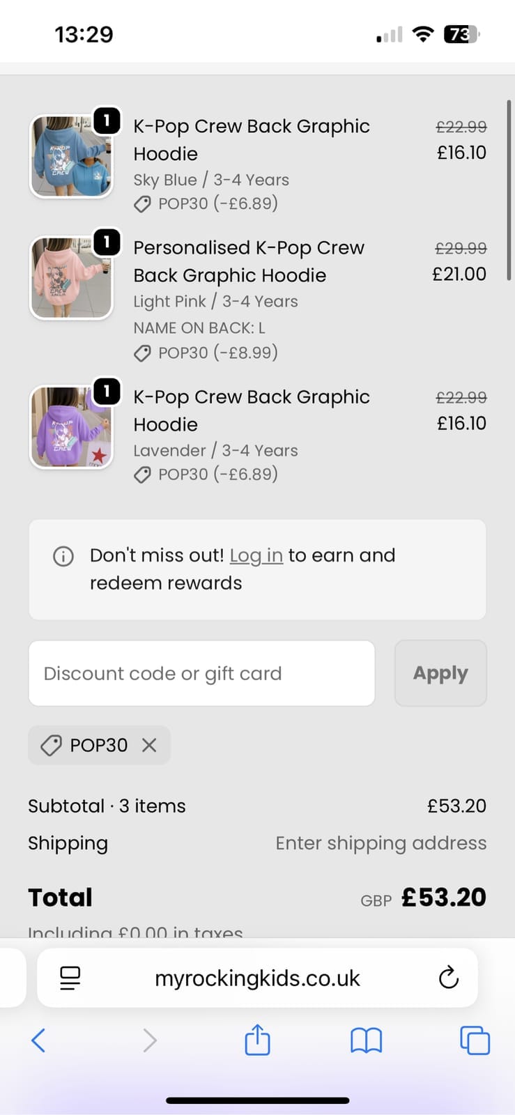 Screenshot of the My Rocking Kids discount code working