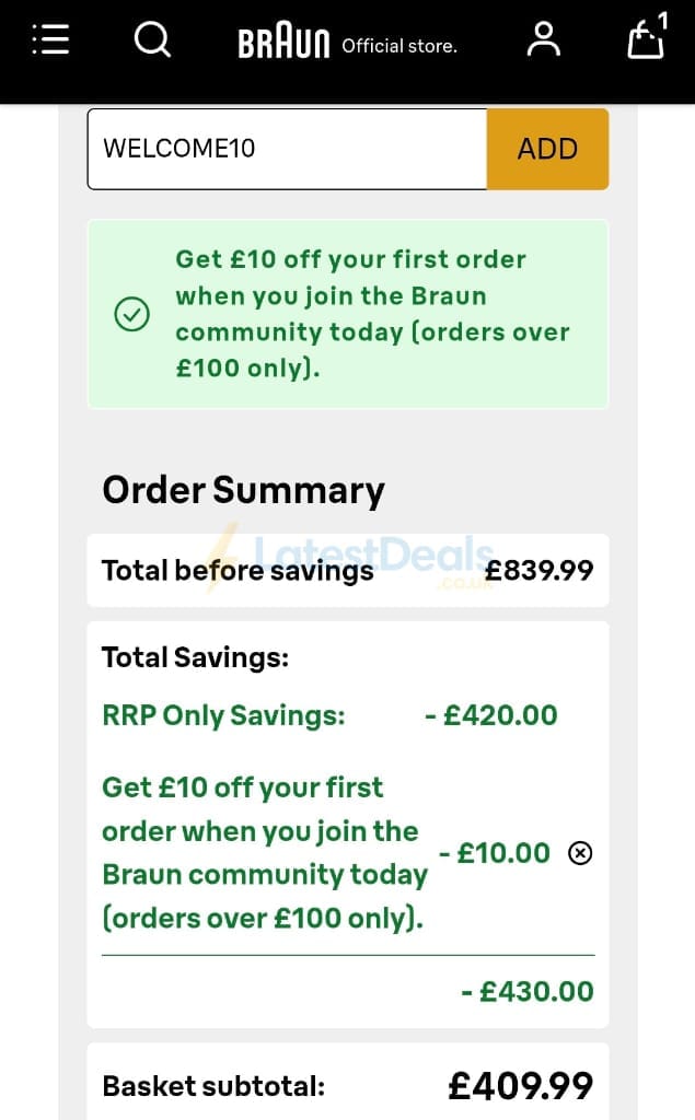 Screenshot of the Braun discount code working