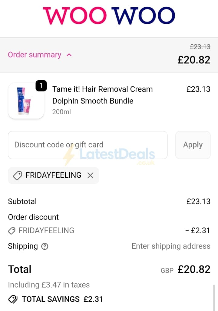 Screenshot of the WooWoo discount code working