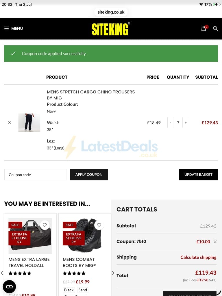 Screenshot of the Site King discount code working