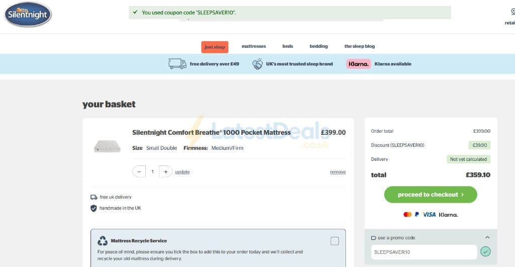 Screenshot of the Silentnight discount code working