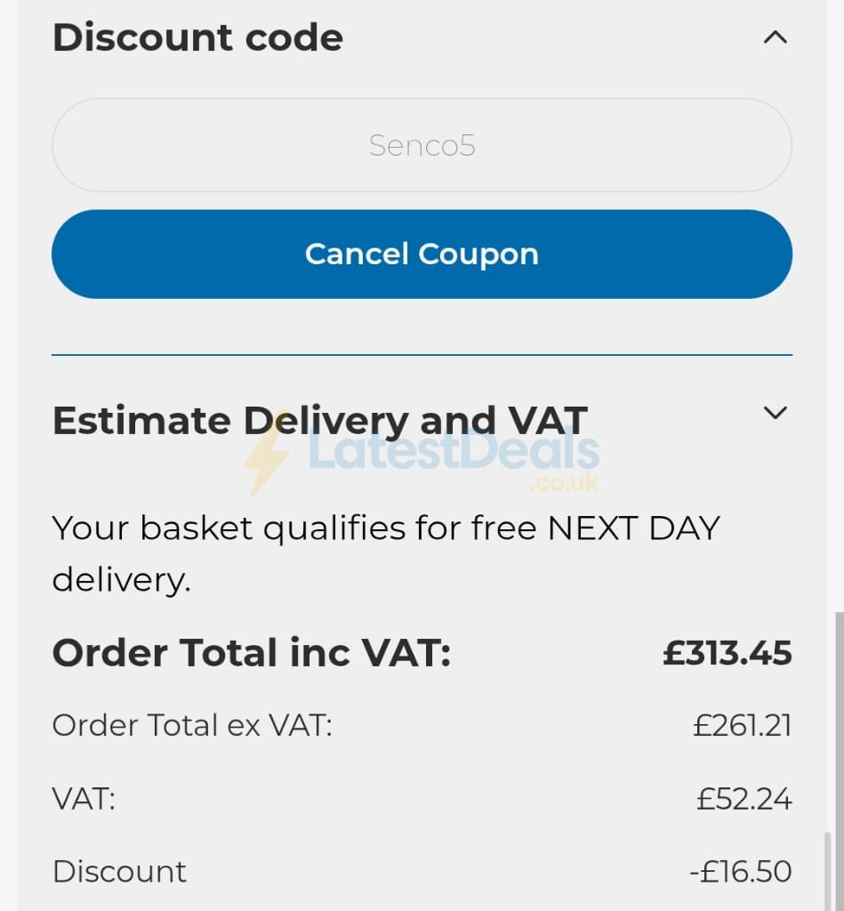 Screenshot of the Powertool World discount code working
