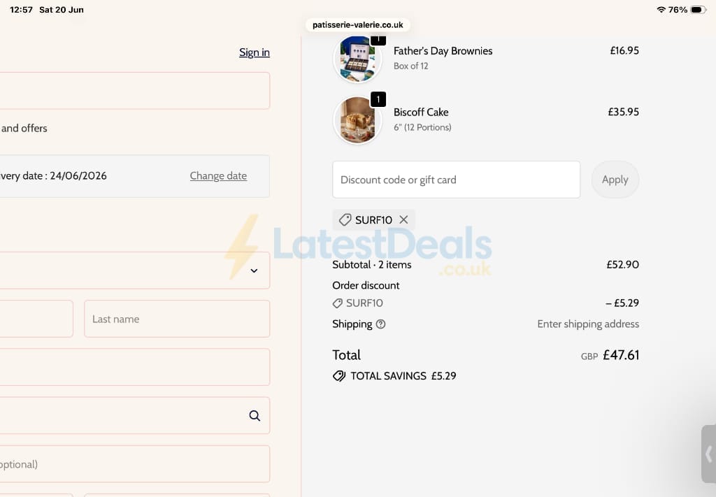 Screenshot of the Patisserie Valerie discount code working