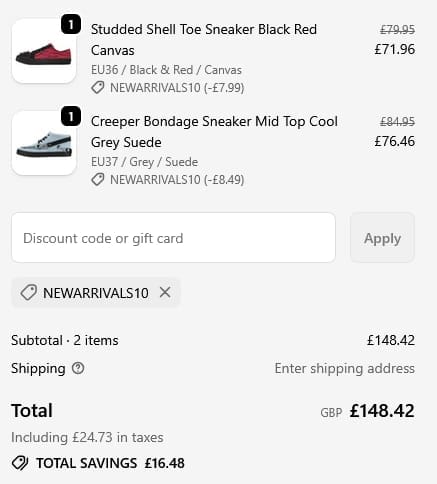 Screenshot of the TUK Shoes discount code working