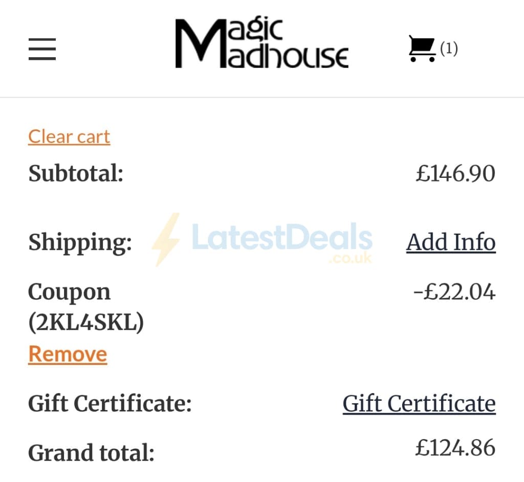 Screenshot of the Magic Madhouse discount code working