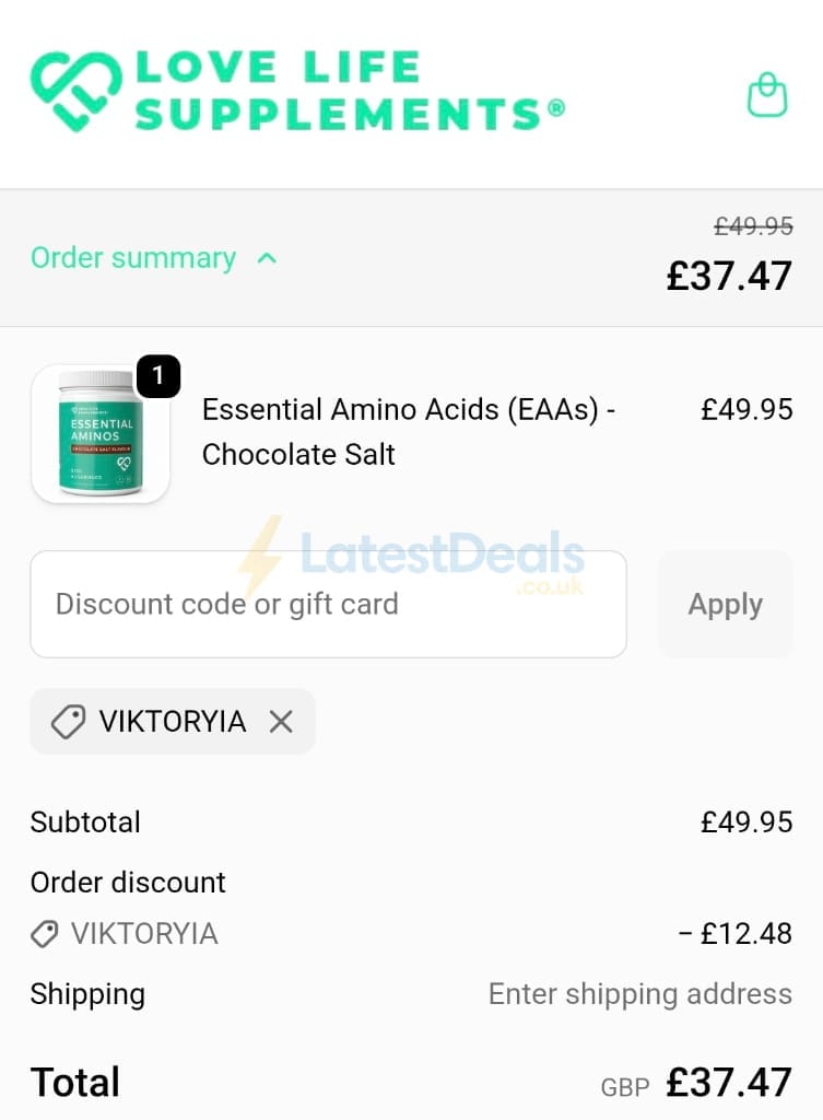 Screenshot of the Love Life Supplements discount code working