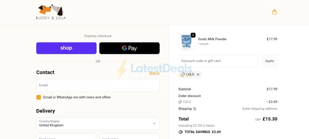 Screenshot of the Buddy & Lola discount code working