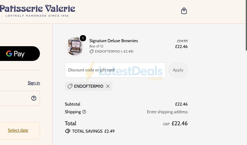 Screenshot of the Patisserie Valerie discount code working