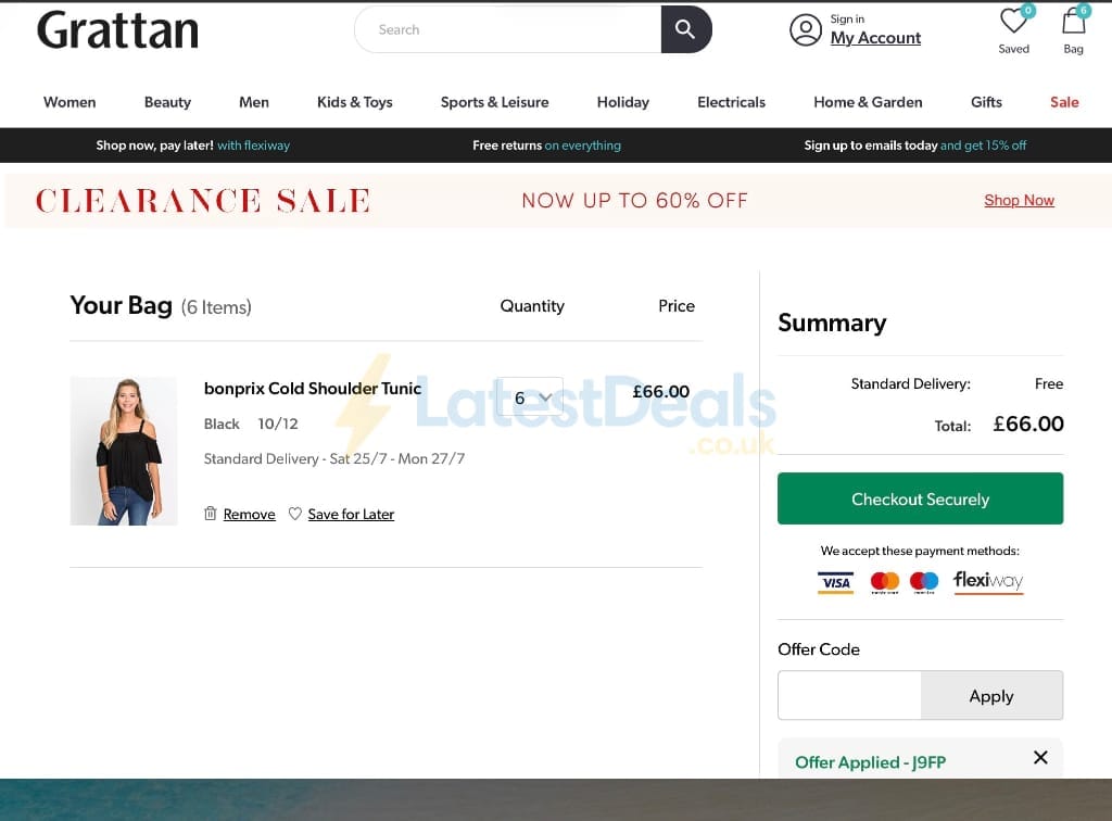 Screenshot of the Grattan discount code working