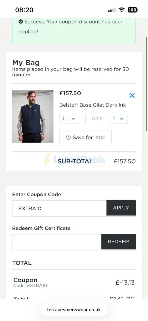 Screenshot of the Terraces discount code working