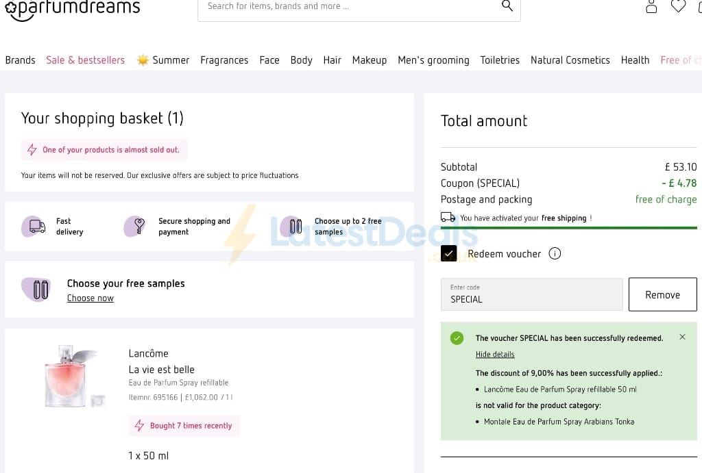 Screenshot of the Parfumdreams discount code working