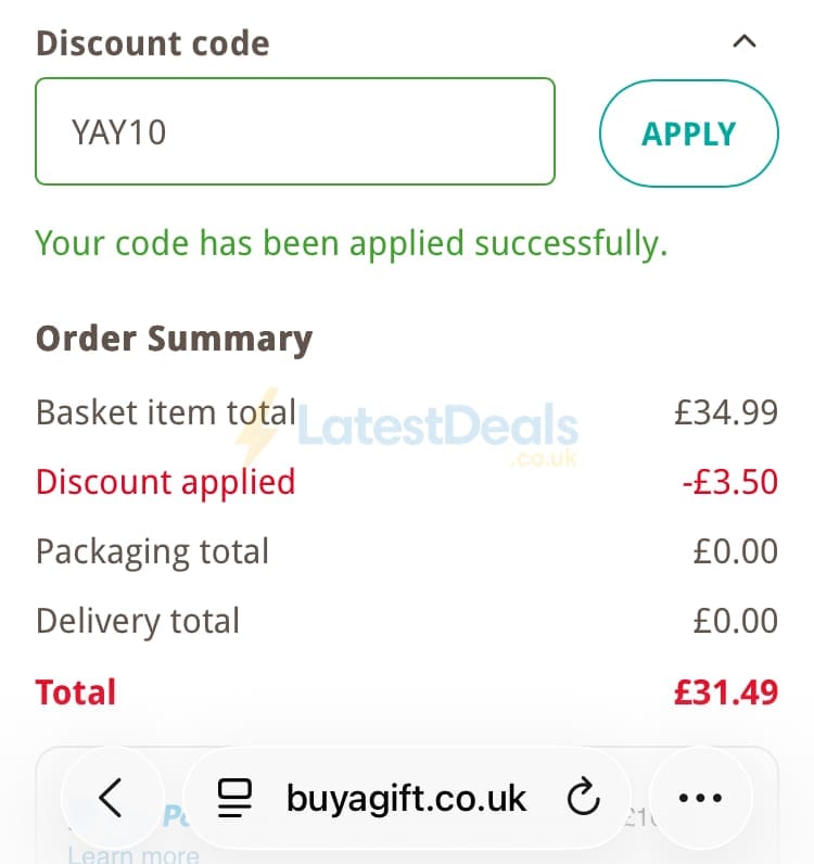 Screenshot of the Buyagift discount code working