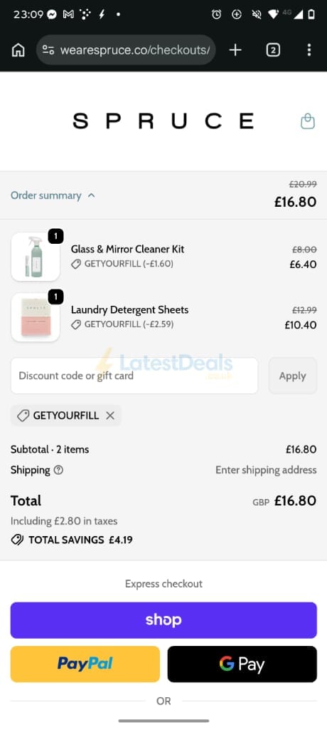 Screenshot of the Spruce discount code working