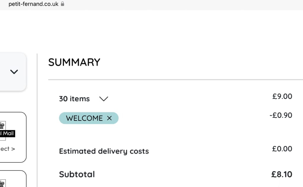 Screenshot of the Petit Fernand discount code working