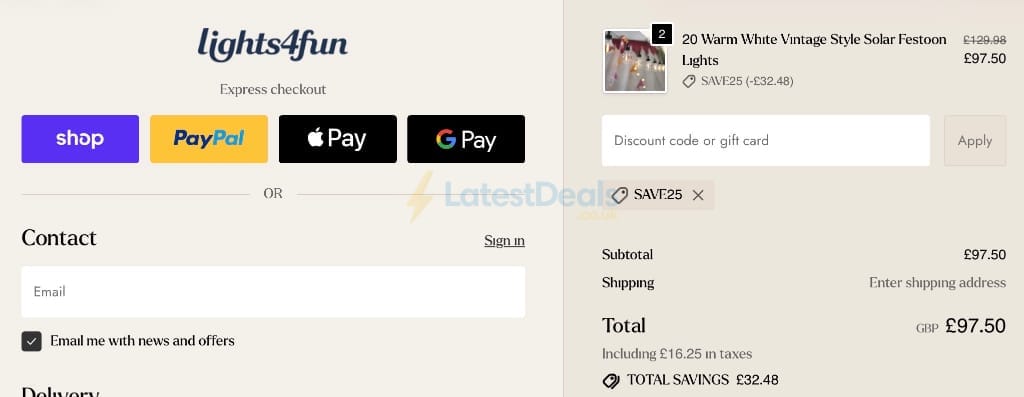 Screenshot of the Lights4fun discount code working