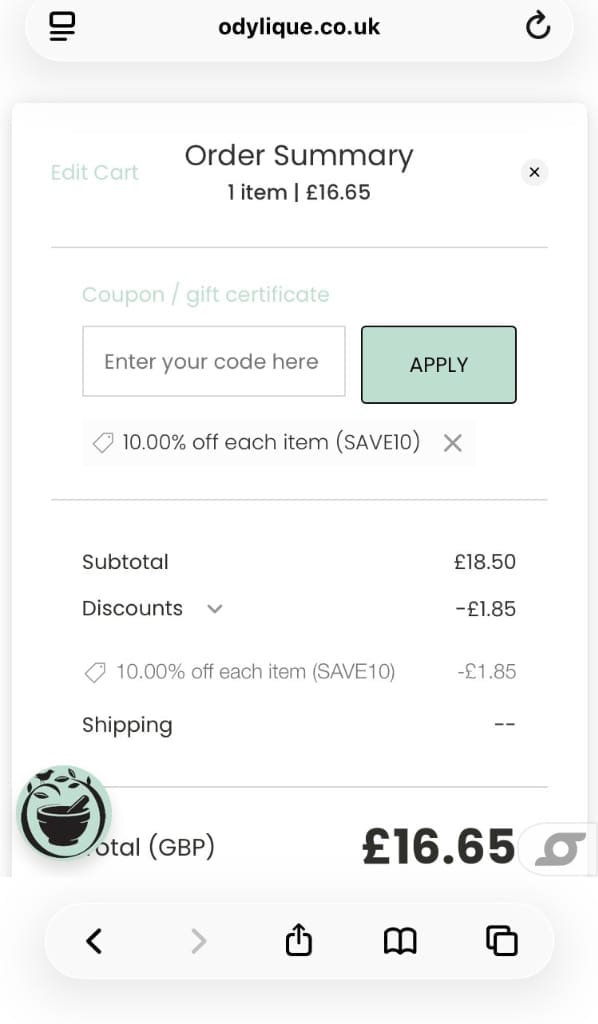 Screenshot of the Odylique discount code working