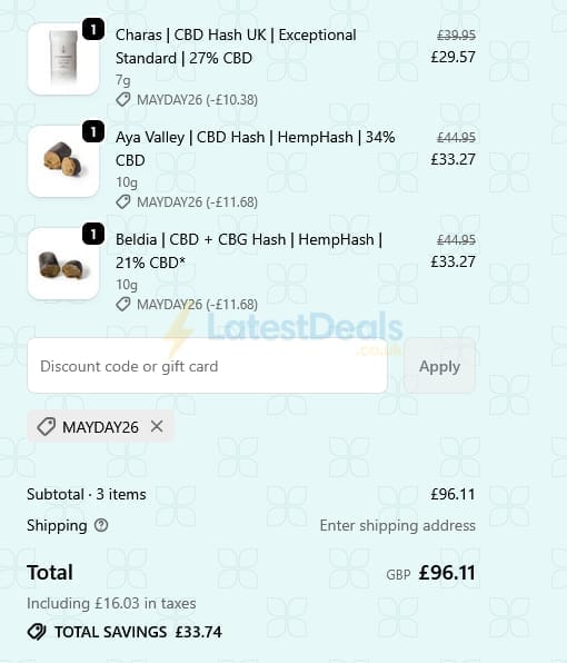 Screenshot of the HempHash discount code working