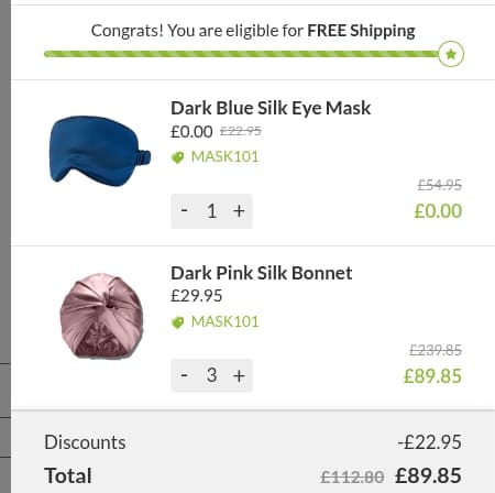 Screenshot of the Silk Pillowcase discount code working