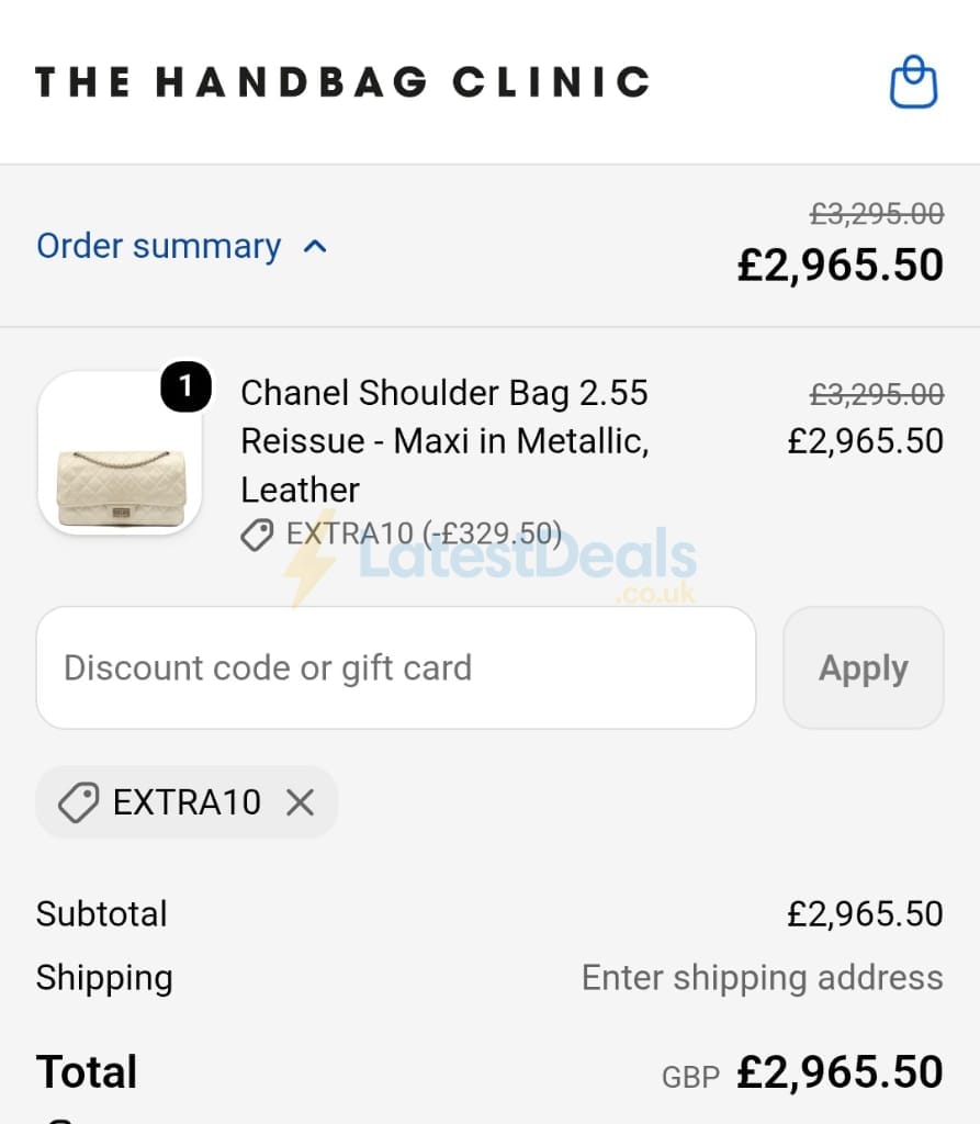 Screenshot of the Handbag Clinic discount code working