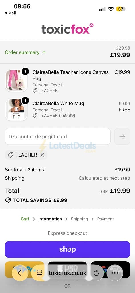 Screenshot of the Toxicfox discount code working