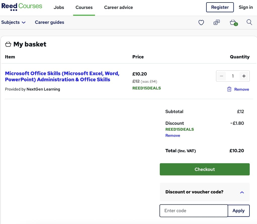 Screenshot of the Reed discount code working