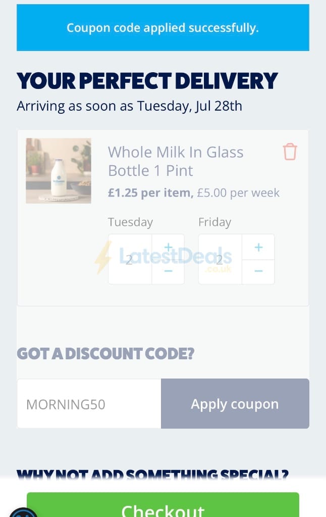 Screenshot of the McQueens Dairies discount code working