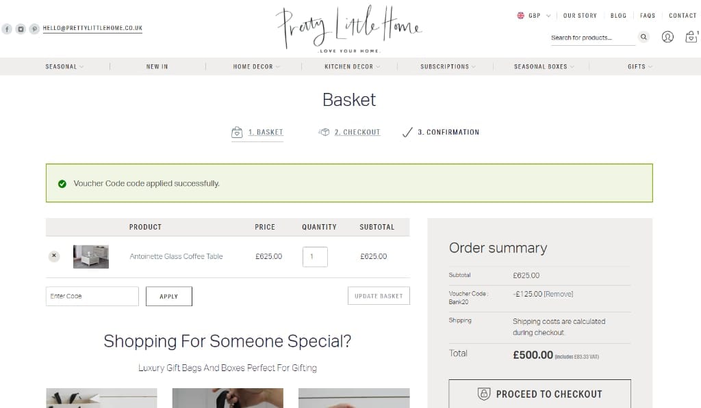 Screenshot of the Pretty Little Home discount code working