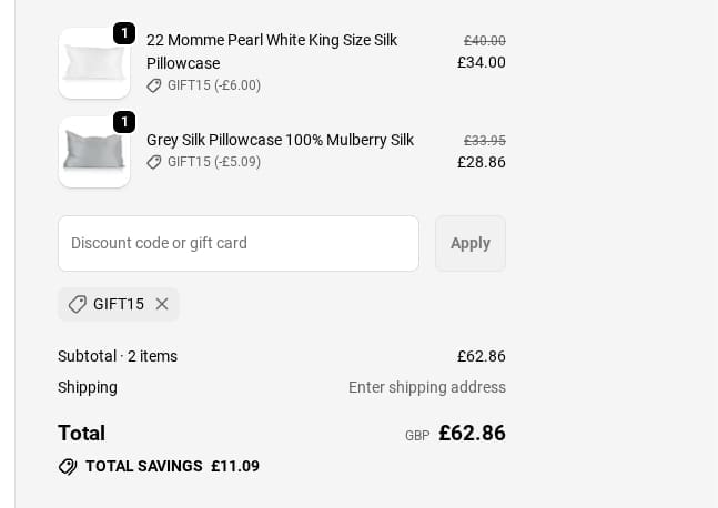 Screenshot of the Silk Pillowcase discount code working