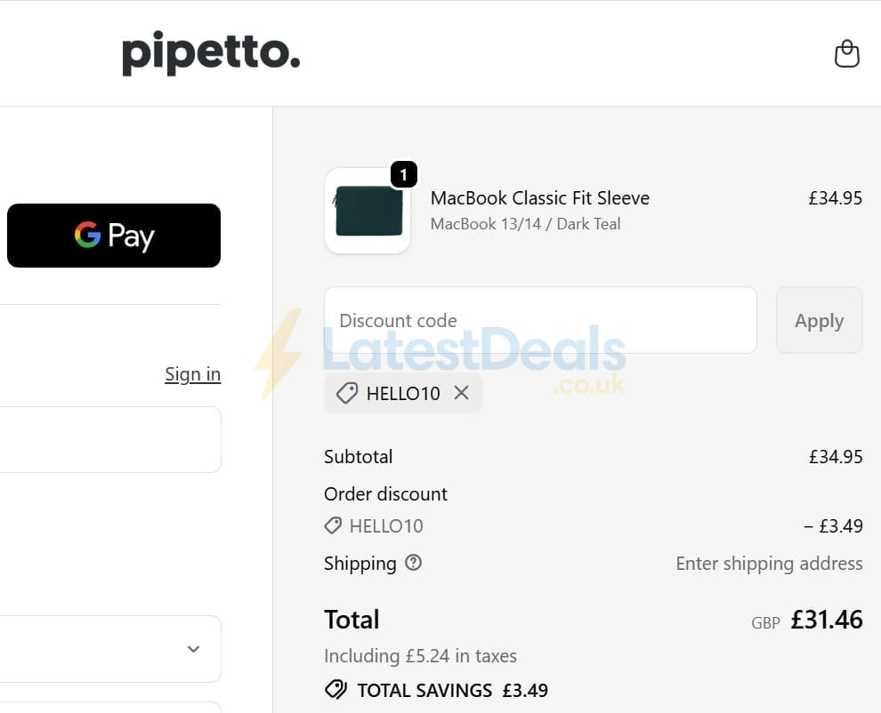 Screenshot of the Pipetto discount code working