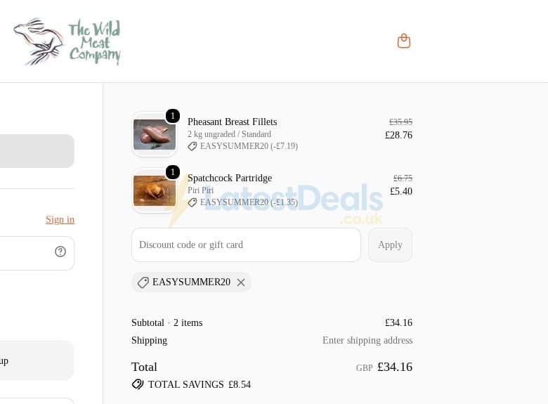 Screenshot of the The Wild Meat Company discount code working