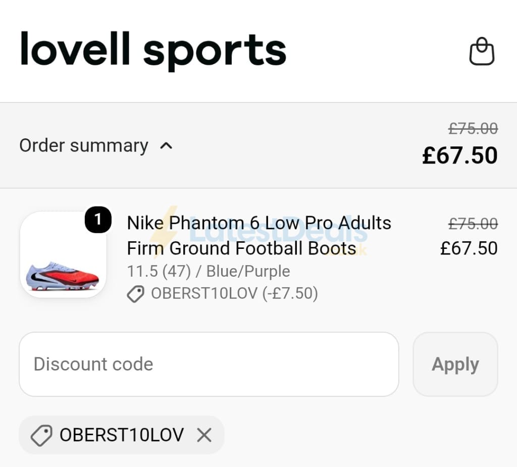 Screenshot of the Lovell Soccer discount code working