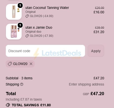 Screenshot of the Utan discount code working