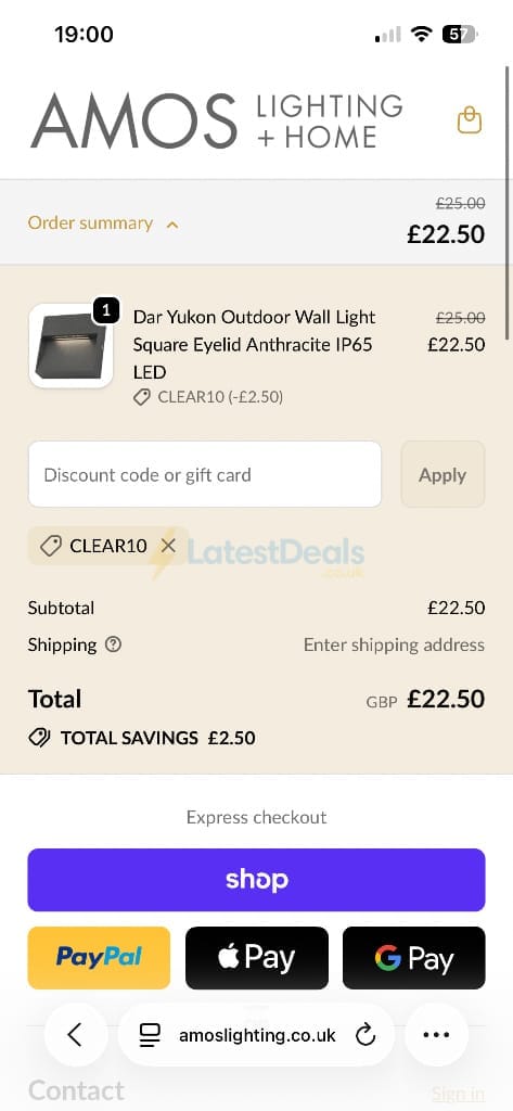 Screenshot of the AMOS Lighting discount code working