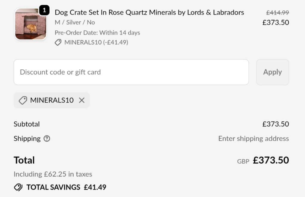 Screenshot of the Lords & Labradors discount code working