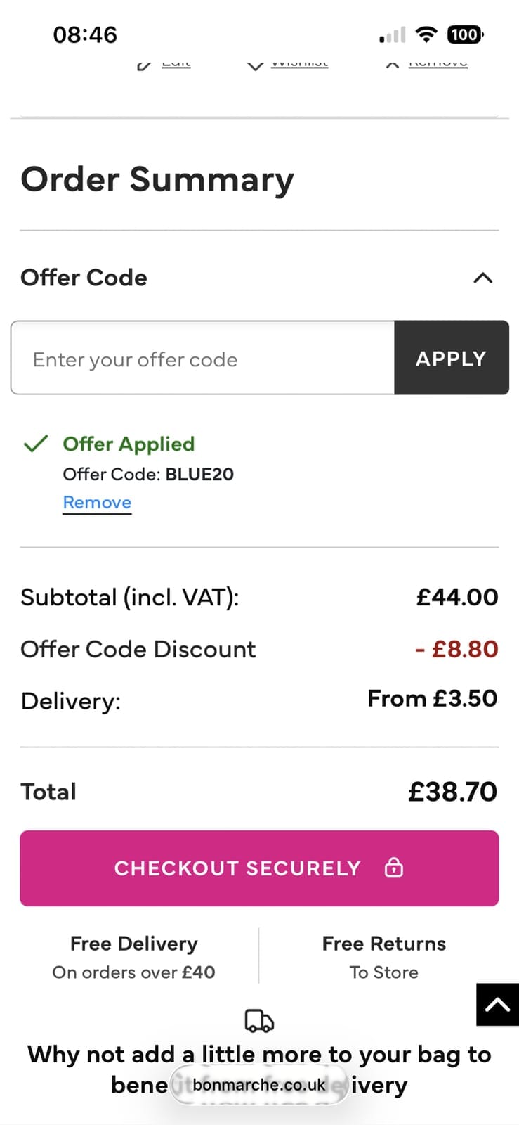 Screenshot of the Bonmarche discount code working