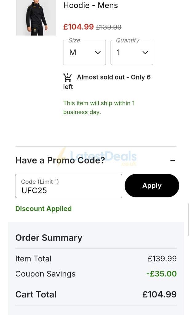 Screenshot of the UFC Store discount code working