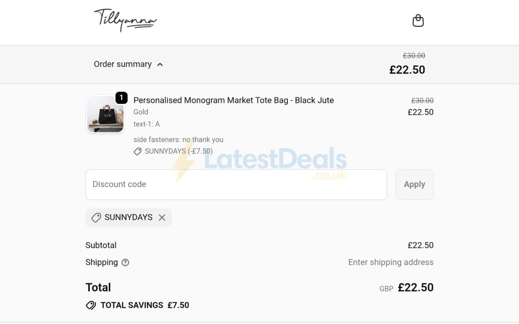 Screenshot of the Tillyanna discount code working